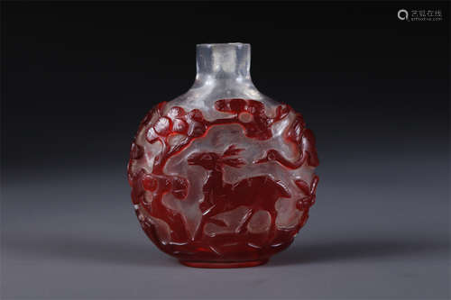 A Glass Snuff Bottle with Deer&Crane Design.