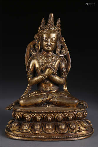 A Gilt Copper Vajradhara Buddha Statue.