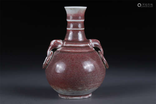 A Red Glazed Two-Ear Porcelain Bottle.