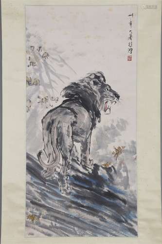 A Male Lion Painting on Paper by Xu Beihong.