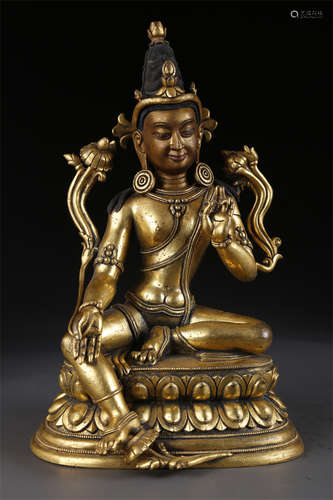 A Gilt Copper Green Tara Buddha Statue.