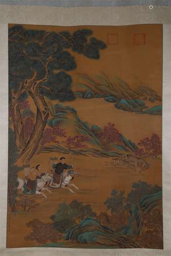 A Hunting Painting on Silk by Lang Shining.