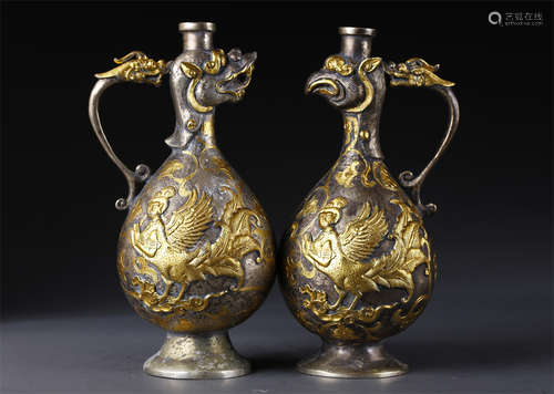 A Pair of Copper Pots, Partly Gilt.