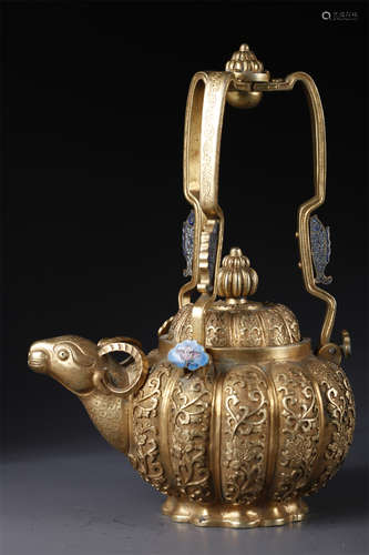 A Gilt Copper Bluing Pot with Handle.