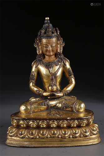 A Gilt Copper Amitayus Buddha Statue.