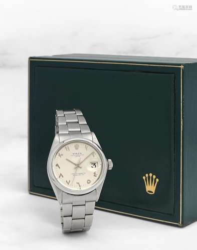 ROLEX. RARE MONTRE BRACELET EN ACIER AVEC CADRAN ARABE ET DA...