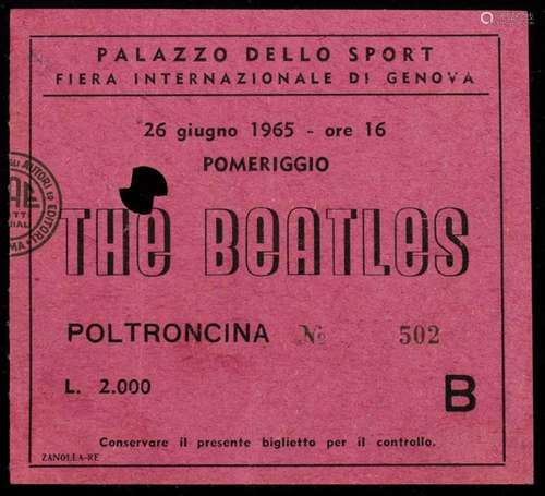 The Beatles: Genoa concert ticket, June 26, 1965