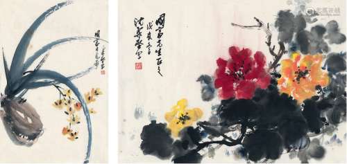 沈柔坚（1919～1998） 花卉二帧 画心（二帧） 设色纸本