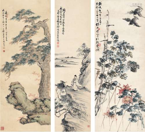 王静山（近现代）徐桢立（1890～1952）杨太晚（1875～1953） 绘画三帧 立...