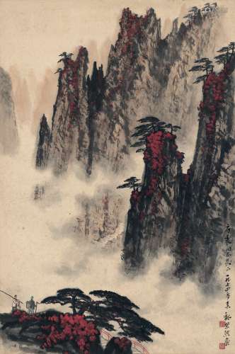 魏紫熙（1915～2002） 1974年作 为房震作  劲松红岩图 立轴 设色纸本