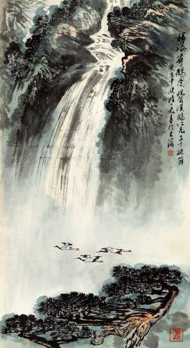 陆一飞（1931～2005） 1983年作 松瀑寿鹤图 镜片 设色纸本