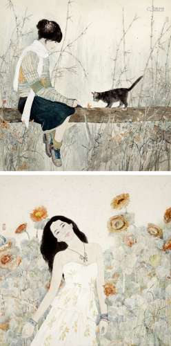 胡博综（b.1941） 2015年作 少女与猫等人物二帧 镜片 设色纸本