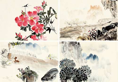 方济众（1923～1987） 80年代作 《鹿铃》 动画背景设计稿四帧 镜片 设...