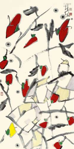 张桂铭（1939～2014） 红叶小鸟图 镜片 设色纸本