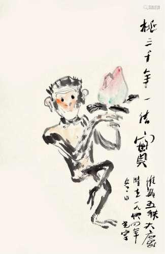 张光宇（1900～1965） 1964年作 猴子献桃图 画心 设色纸本
