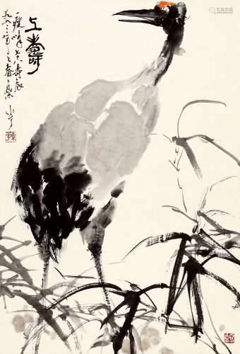 颜梅华（b.1927） 1983年作 鹤寿图 立轴 设色纸本