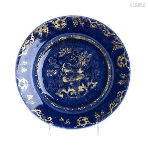 Chinese porcelain 'powder blue' plate, Kangxi