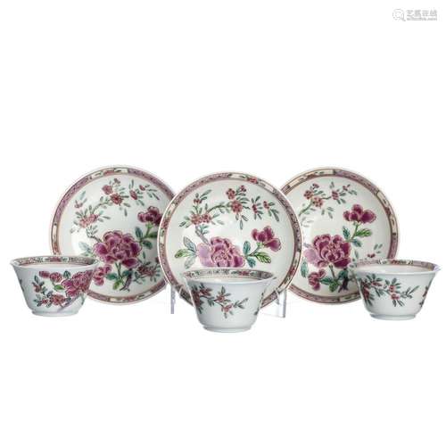 Three Chinese porcelain cups and saucers, Yongzheng