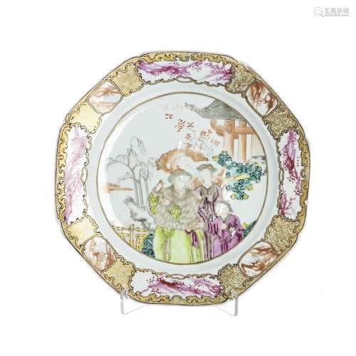 Chinese porcelain mandarin octagonal plate, Qianlong