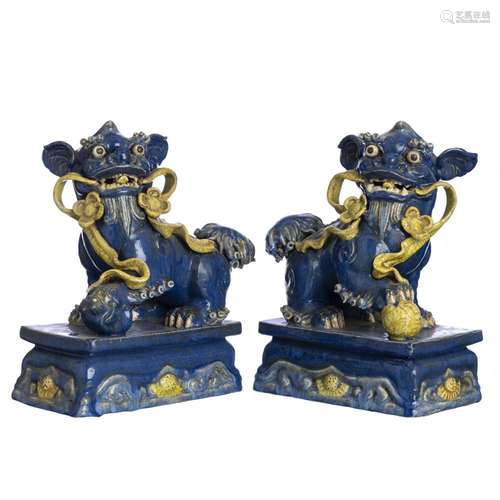 Pair of Large Shiwan ceramic foo dogs