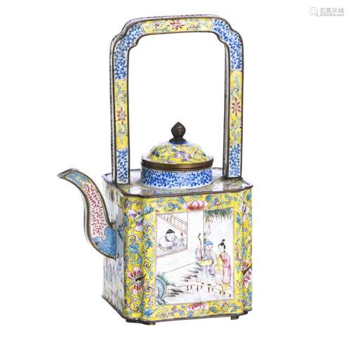 Chinese Canton enamel arch handle teapot