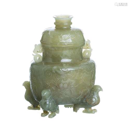 Archaic style lidded pot in celadon jade