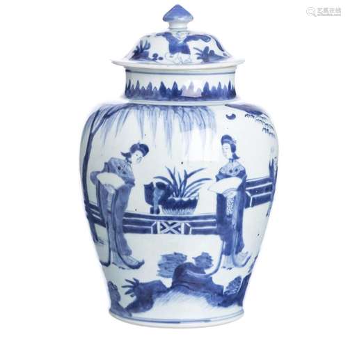 Chinese Transitional figural porcelain lidded pot