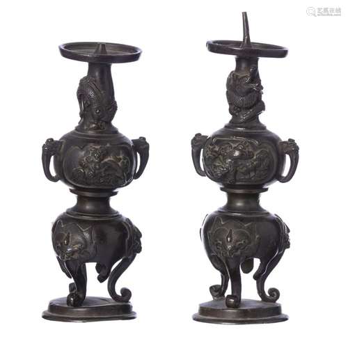 Pair of Jpanese bronze candlesticks