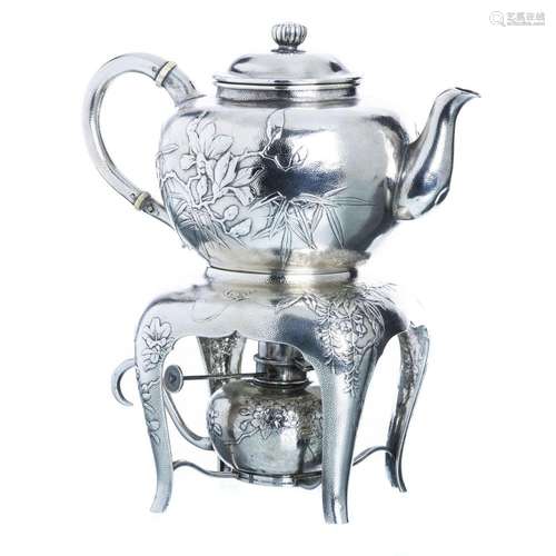 Samurai Shokai Japanese silver teapot and heater stand