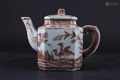 Chinese Ming Porcelain Red/White Bird Teapot
