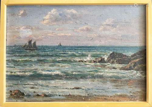 Jules Masure (1819-1910), Kuestenlandschaft mit Segelbooten ...