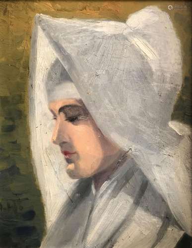 Augustinus Heuman, Portrait einer Nonne im Profil vor gruen-...