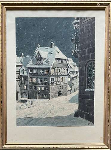 K. Luz, Duererhaus im Schnee, signiert, Aquarell, 31,5 x 23,...