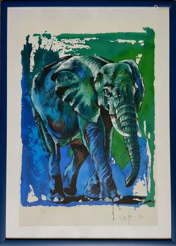 Rolf Knie (* Bern 1949) Elefant in Blau und Gruentoenen, Far...