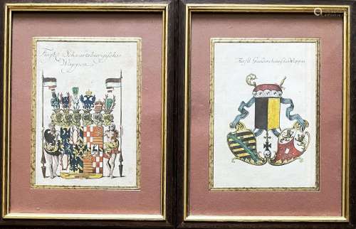 Zwei kolorierte Wappenstiche, 18. Jh., Fuerstlich Schwartzbu...