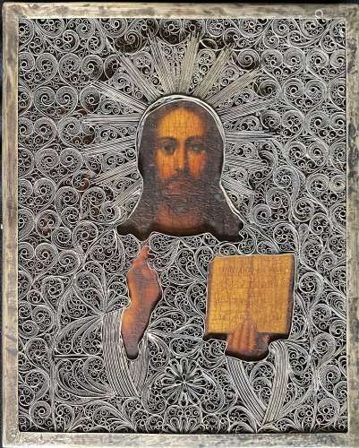 Ikone, Russland, 19. Jh., Christus Pantokrator mit Silberokl...