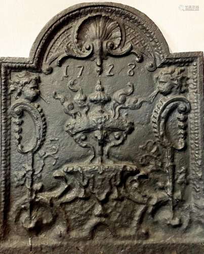 Schwere Ofenplatte, Gusseisen, Reliefdekor, datiert 1728, Al...