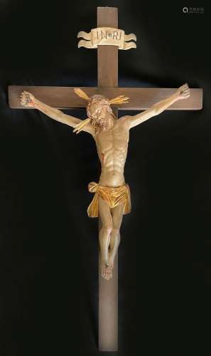 Kruzifix, 18. Jh.: Christus am Kreuz im Dreinageltypus, Holz...