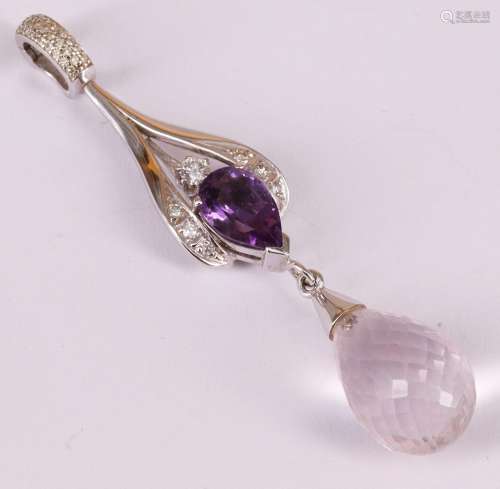 Anhaenger mit Rosenquarz und Amethyst, 585er WG, Brillant ca...