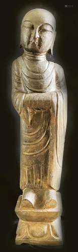 Stehender Buddha auf Lotussockel, Stein, in der Art der Sui-...