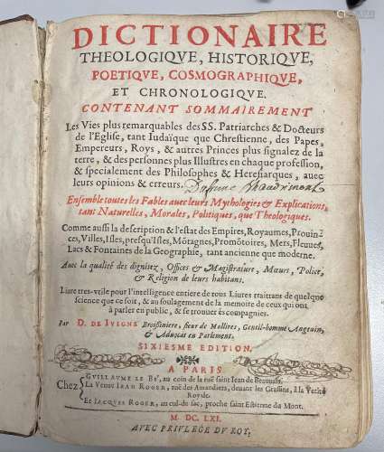 Dictionaire Theologique, Historique, Poetique, Cosmographiqu...