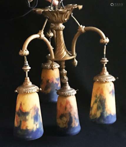Deckenlampe, Muller Frères, Art Nouveau: Messinggestell mit ...