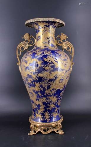 Extra Large Qing Blue Gold Gilted Dragon Vase