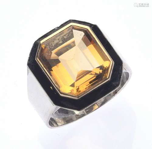 BAGUE géométrique en argent 800/°° centrée d'une citrine...