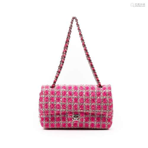 CHANEL - SAC modèle Classique en tweed et toile rose reprena...