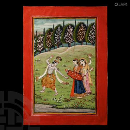 Indian Kangra School Painting of Krishna with Sakhis