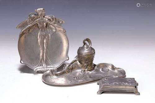 three parts Art Nouveau tin, around 1900, ink pot with