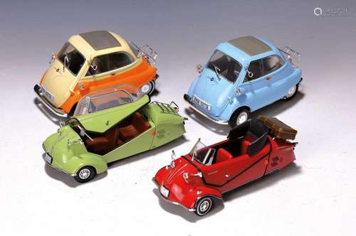 Four models: two Messerschmitt Kabinenroller KR 200 of