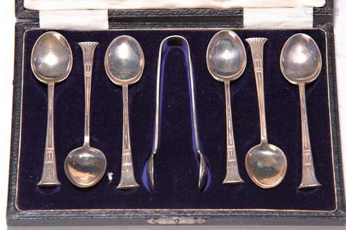 6 tea spoon and one sugar tongs, Sheffield, around 1925