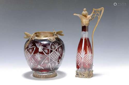 carafe and vase, Bohemia, around 1900, crystal glass red